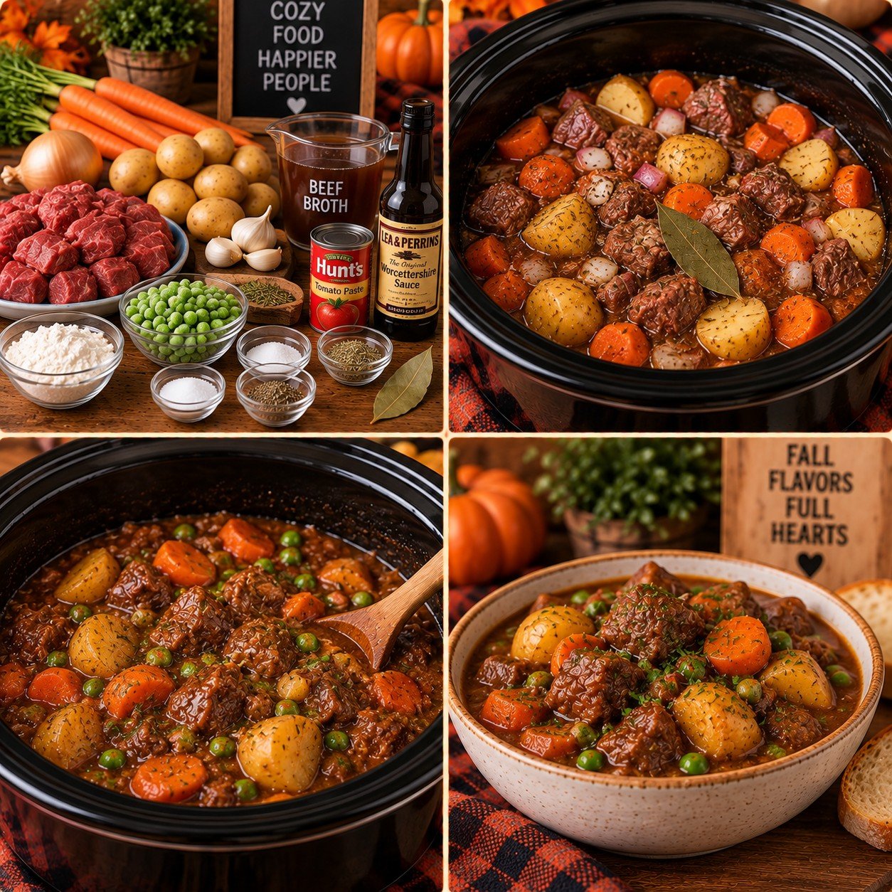 Slow Cooker Beef Stew with beef chunks, potatoes, carrots and peas in a slow cooker and a serving bowl