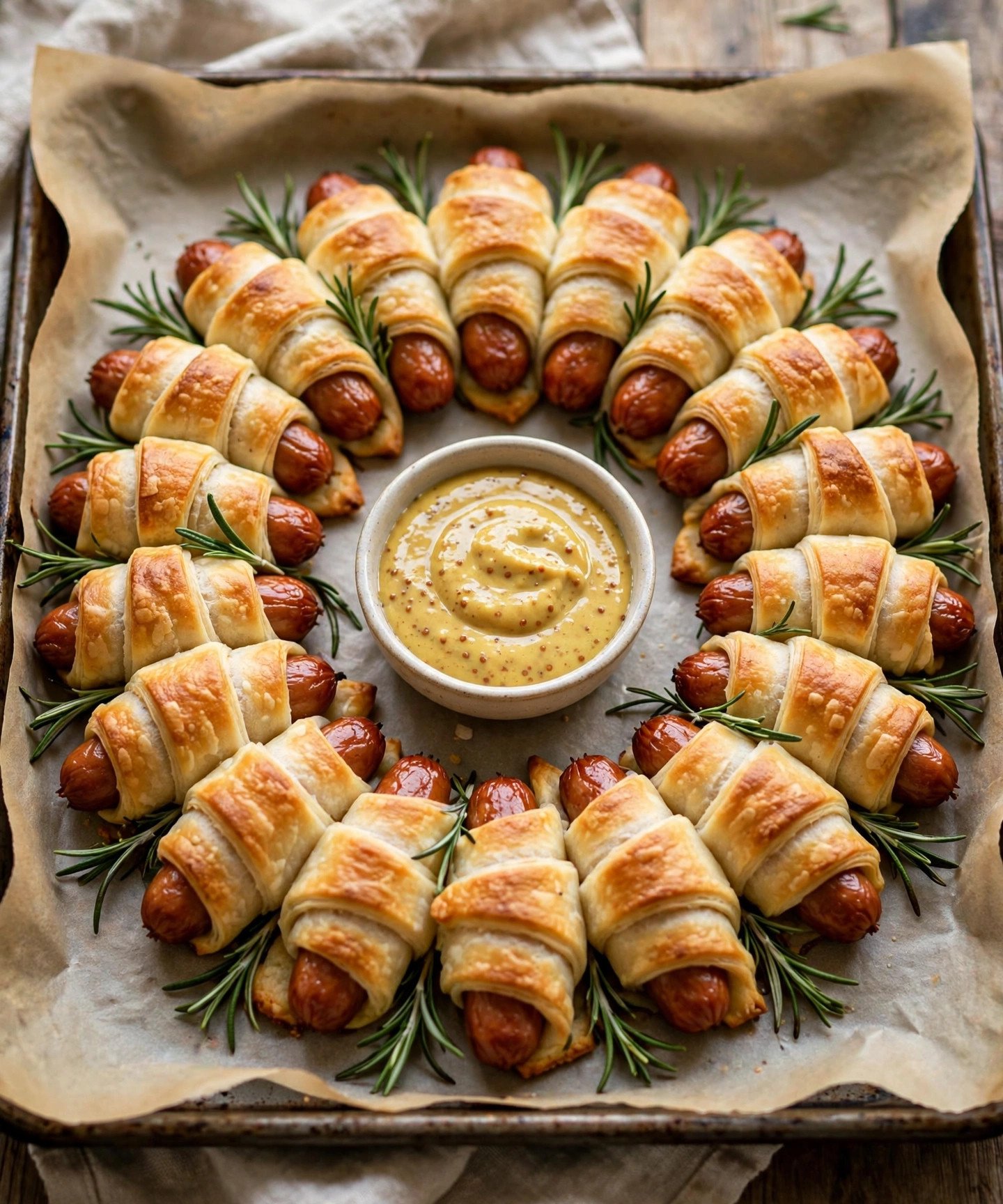 Pigs in a blanket arranged in a Christmas wreath with rosemary sprigs and a bowl of honey mustard in the center