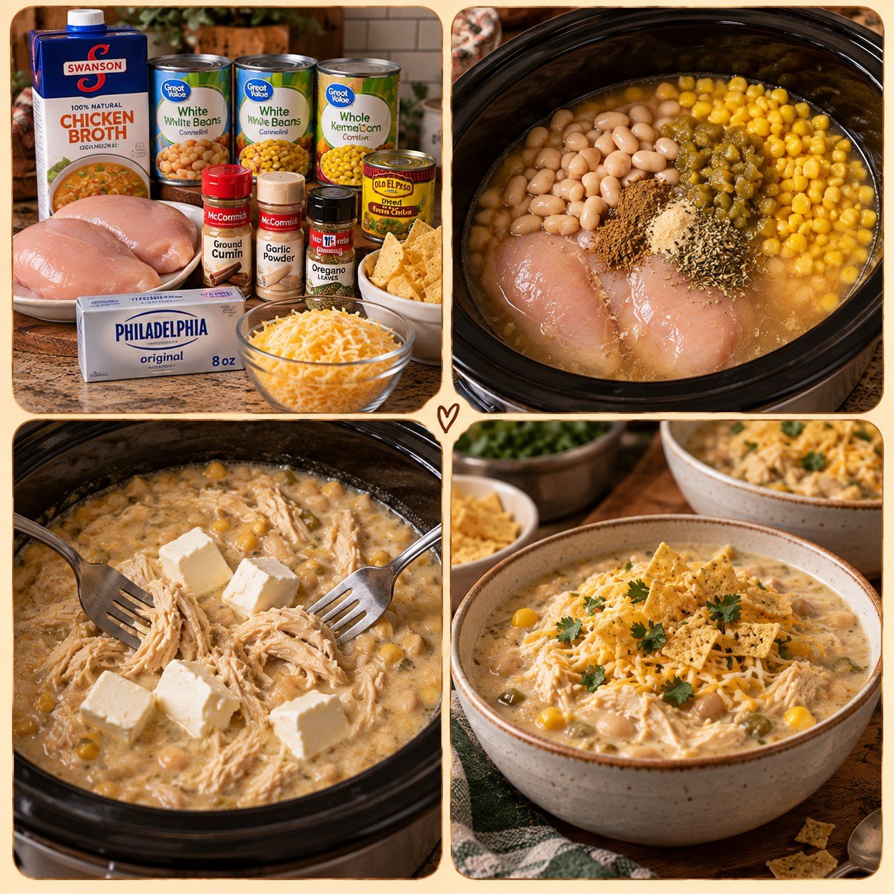 Creamy white chicken chili in a slow cooker and a bowl topped with shredded cheese