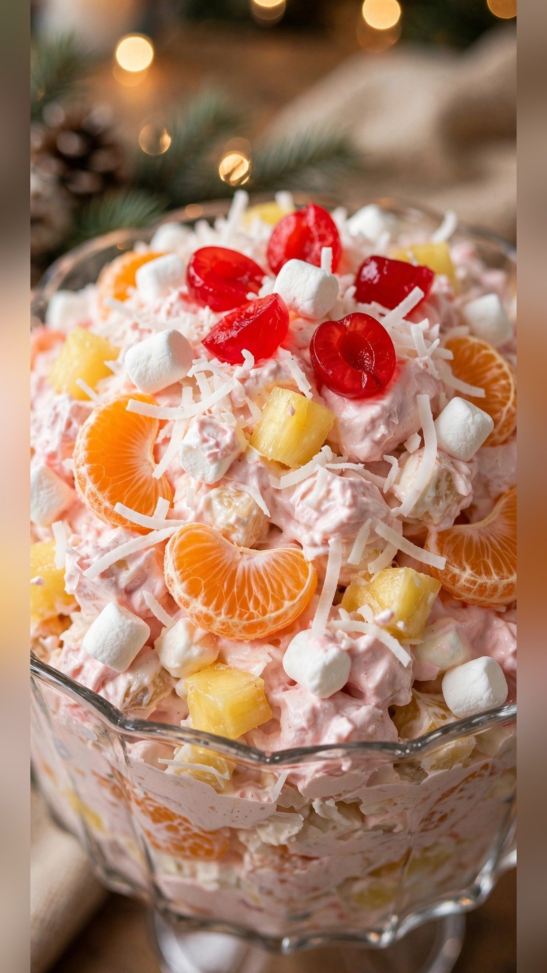 Pale pink ambrosia salad in a glass bowl with mandarin oranges, pineapple, marshmallows, coconut and cherries