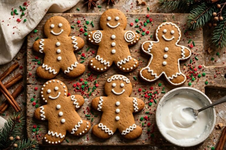 Iced gingerbread men cookies on a rustic wooden board with red and green sprinkles and a bowl of royal icing