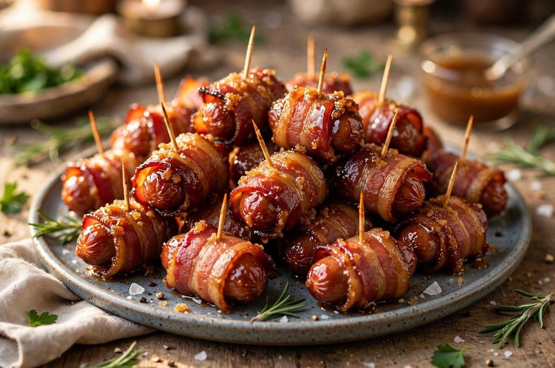 Brown sugar bacon-wrapped little smokies on toothpicks piled on a serving platter