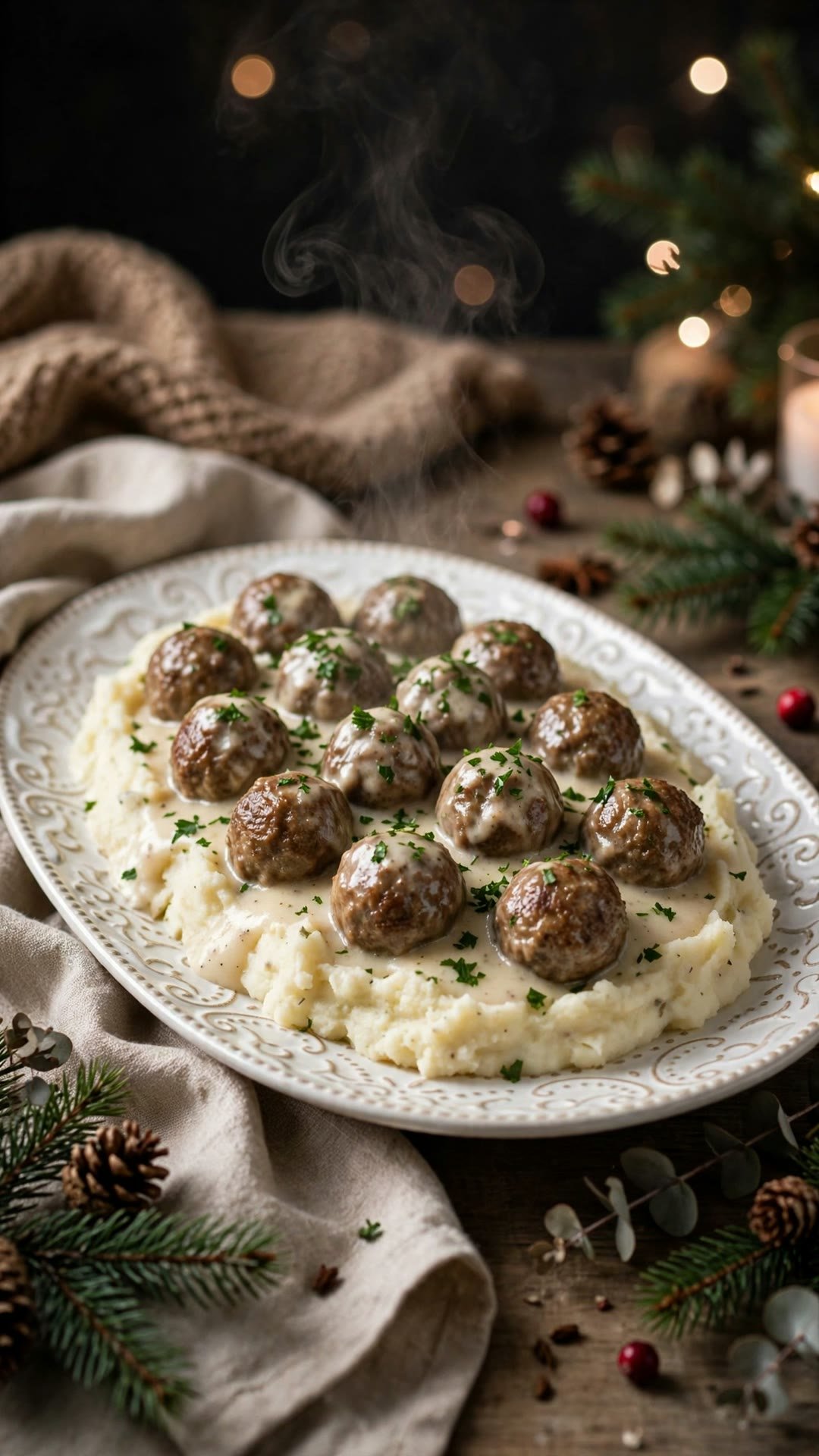 Swedish meatballs in creamy gravy over mashed potatoes on a white serving platter