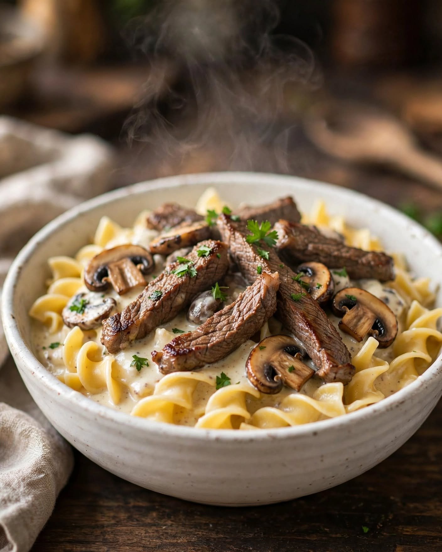 Bowl of beef stroganoff with mushrooms and creamy sauce over egg noodles, garnished with parsley