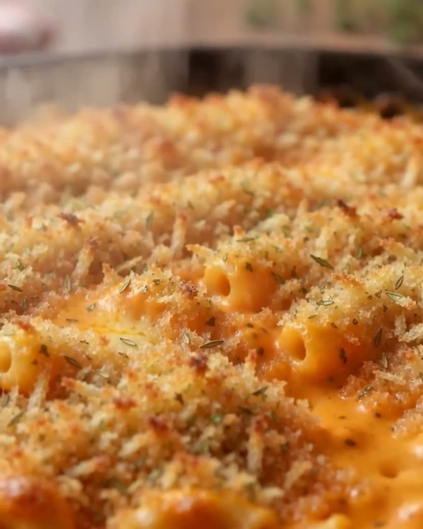 Baked butternut squash mac and cheese with a golden crispy panko topping