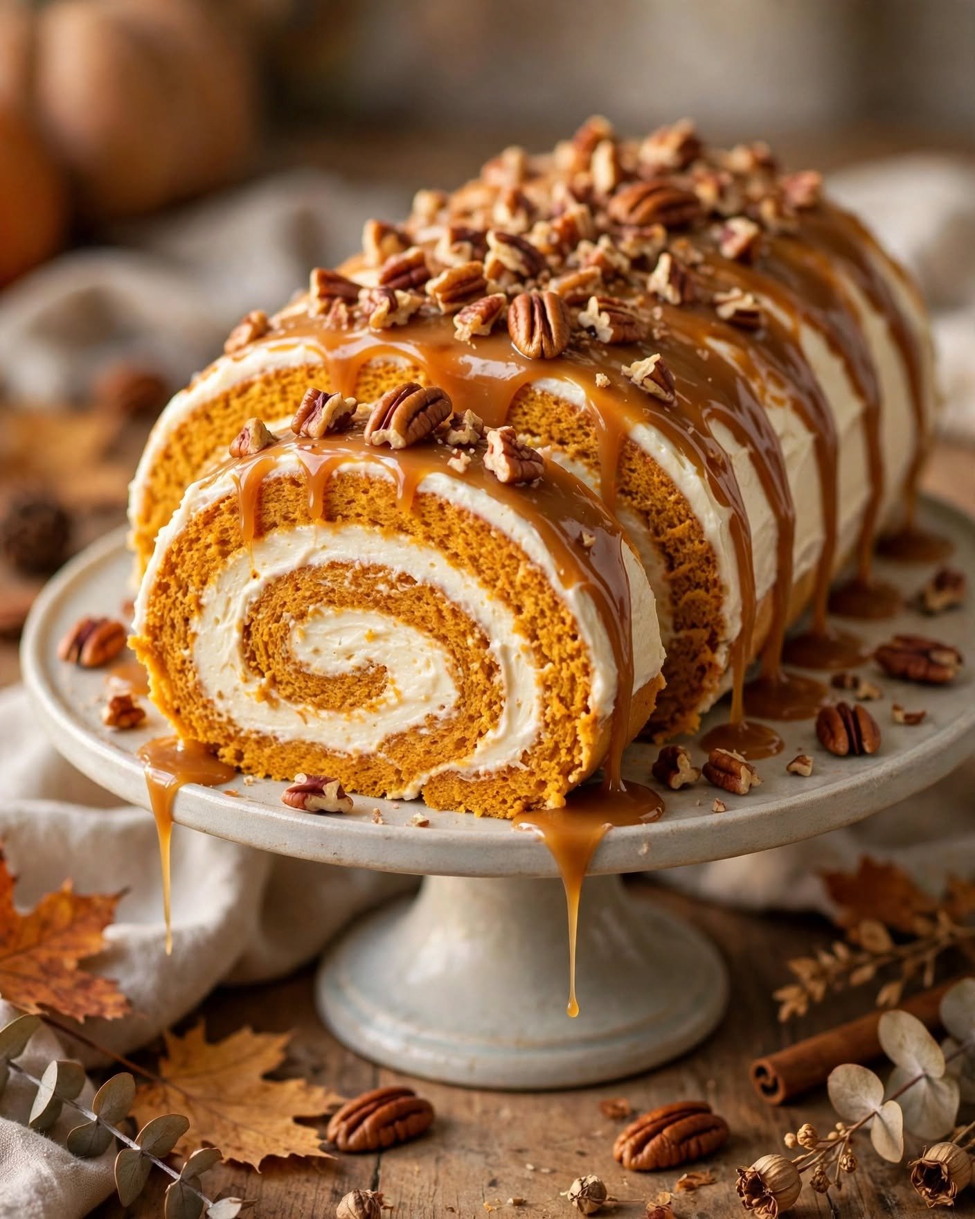 Caramel pecan pumpkin roll with cream cheese swirl, caramel drizzle and pecans on a white cake stand