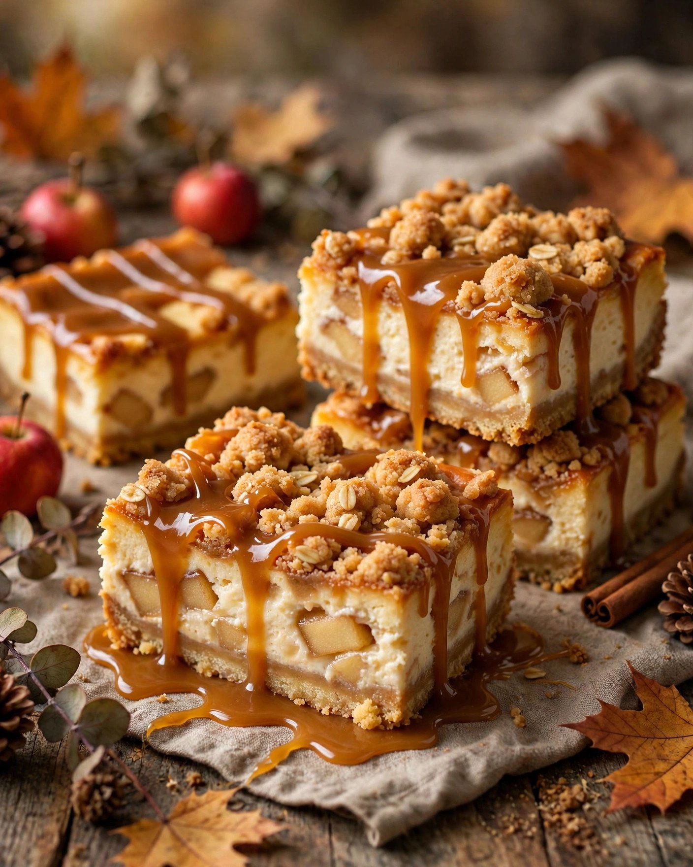 Stacked caramel apple cheesecake bars with graham crust, apples, streusel and caramel drizzle