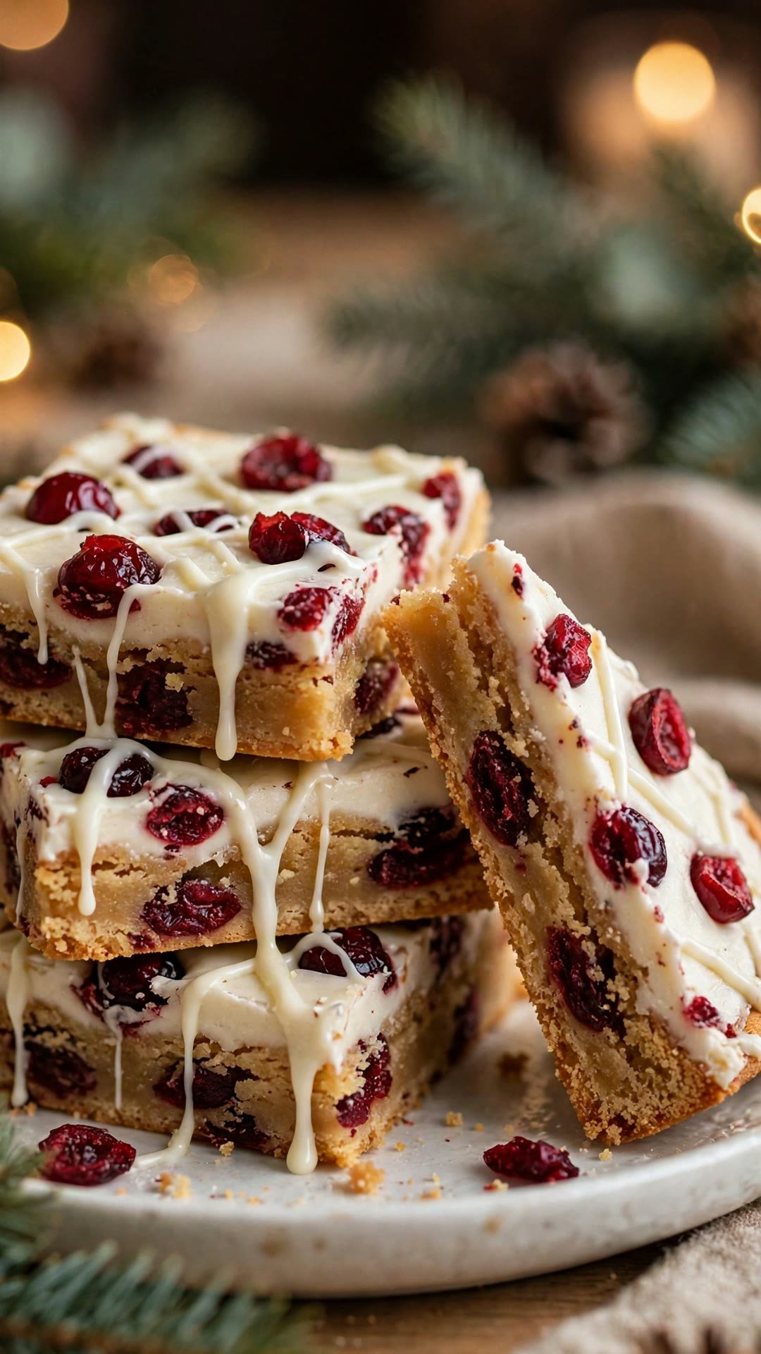 Stacked cranberry bliss bars with cream cheese frosting, dried cranberries and white chocolate drizzle