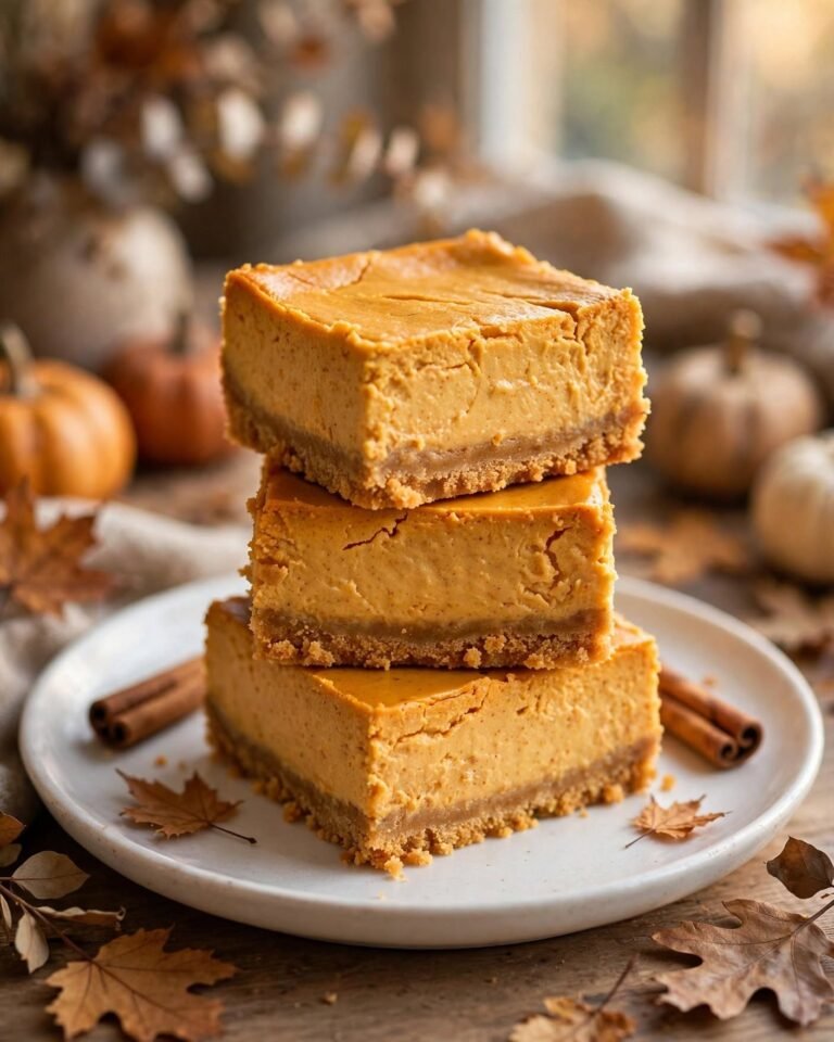 Stack of pumpkin cheesecake bars with graham cracker crust on a white plate