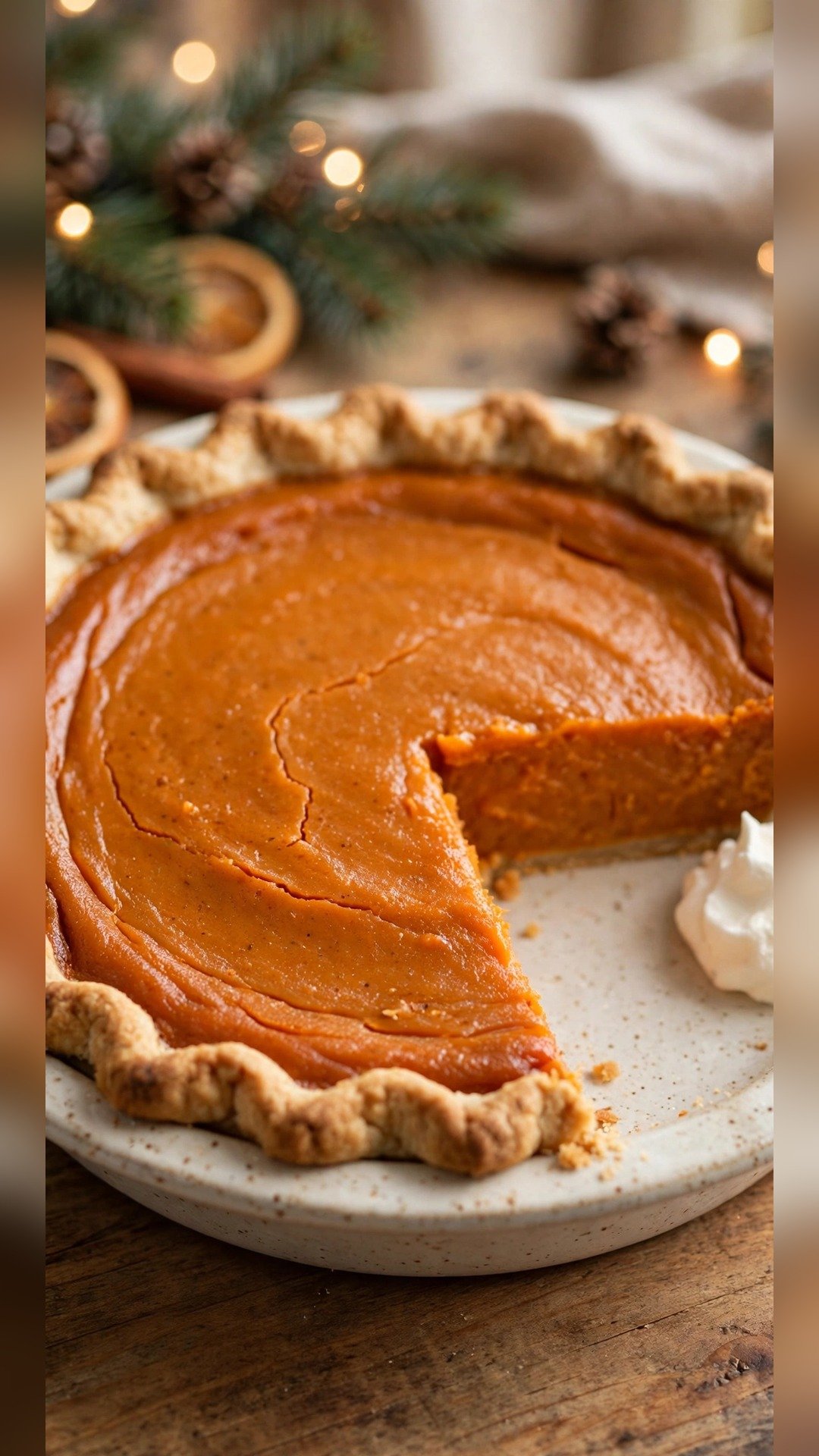 Sweet potato pie with a crimped crust and one slice removed