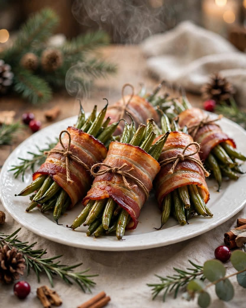 Bacon-wrapped green bean bundles on a white platter with holiday greenery