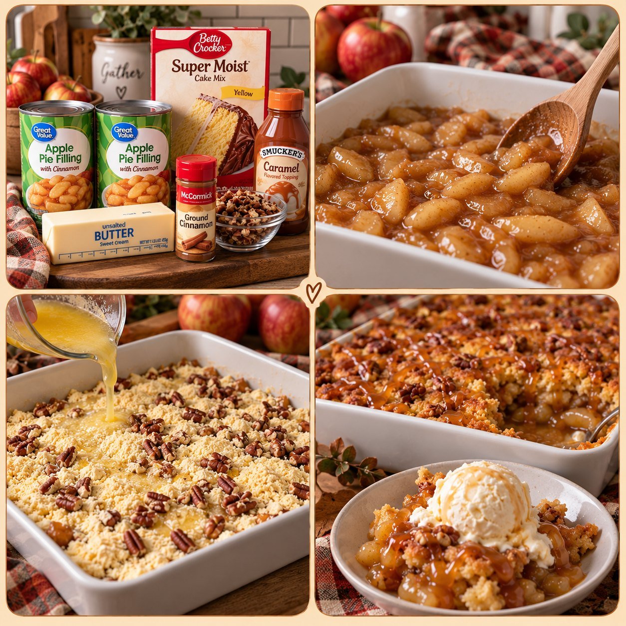 Caramel Apple Dump Cake in a white 9x13 baking dish with pecans and caramel drizzle, served with vanilla ice cream